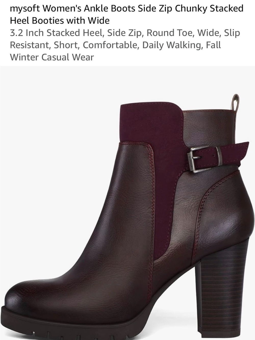 Women's Burgundy Side-Zip Ankle Bootie with Buckle Strap